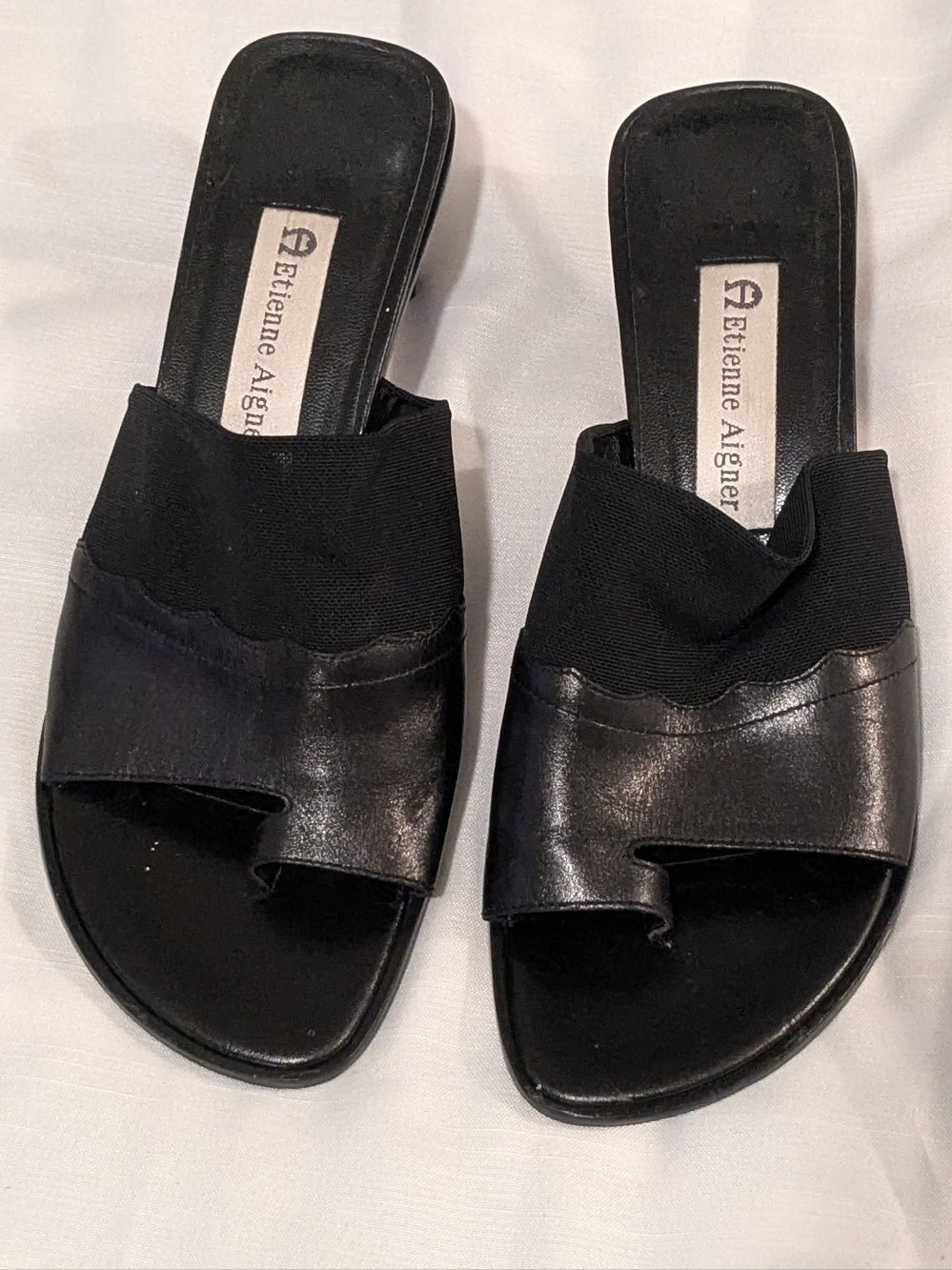 Etienne Aigner Black Leather & Fabric Slide Mules Sz 6.5